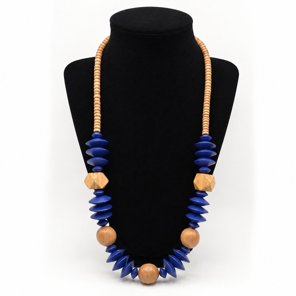 Blue and Tan Chunky Wood Bead Statement Necklace Geometric Disc Ribbed Natural